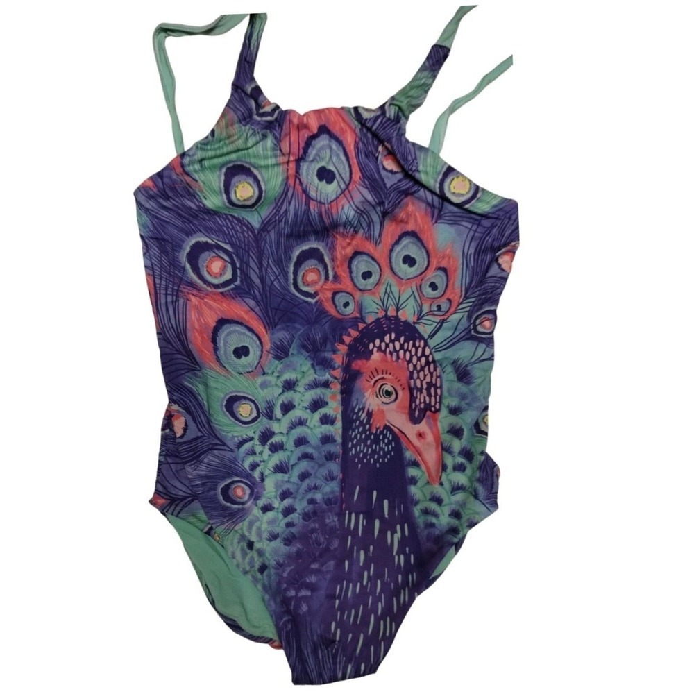 OFFCORSS Peacock Print Swimsuit One‎ Piece Girls Kids Colorful Size 10